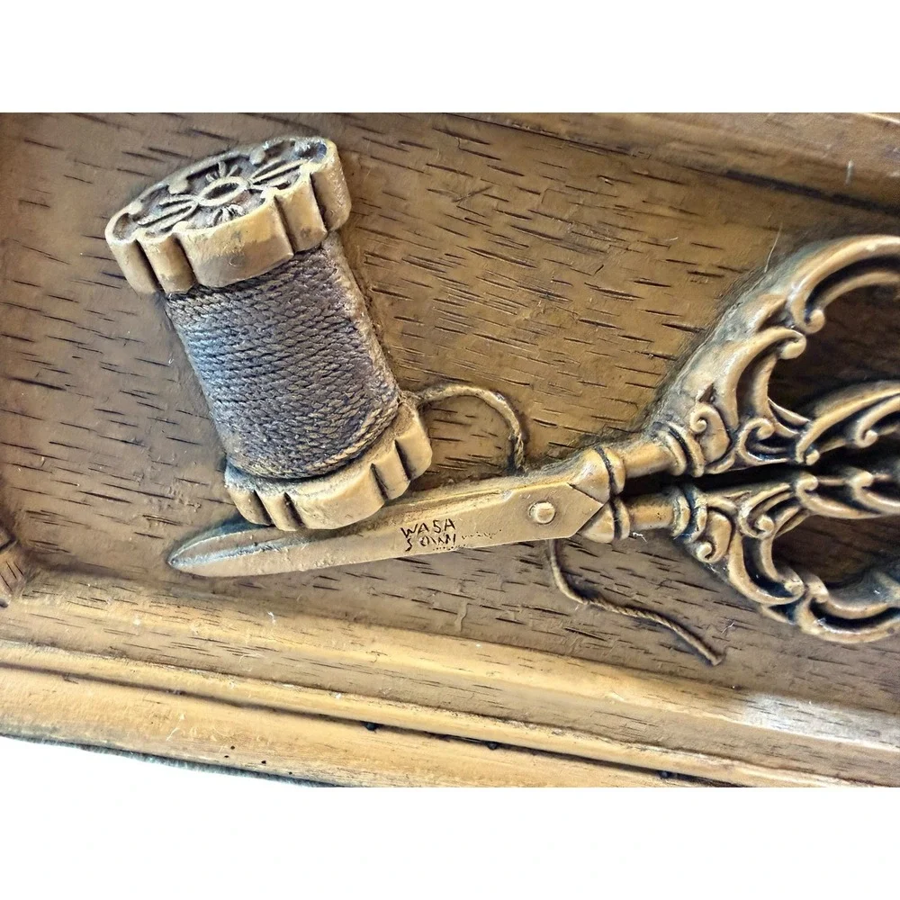 Vintage Wasa Resin Sewing Box Faux Wood Relief Carved Notions Organizer Chest